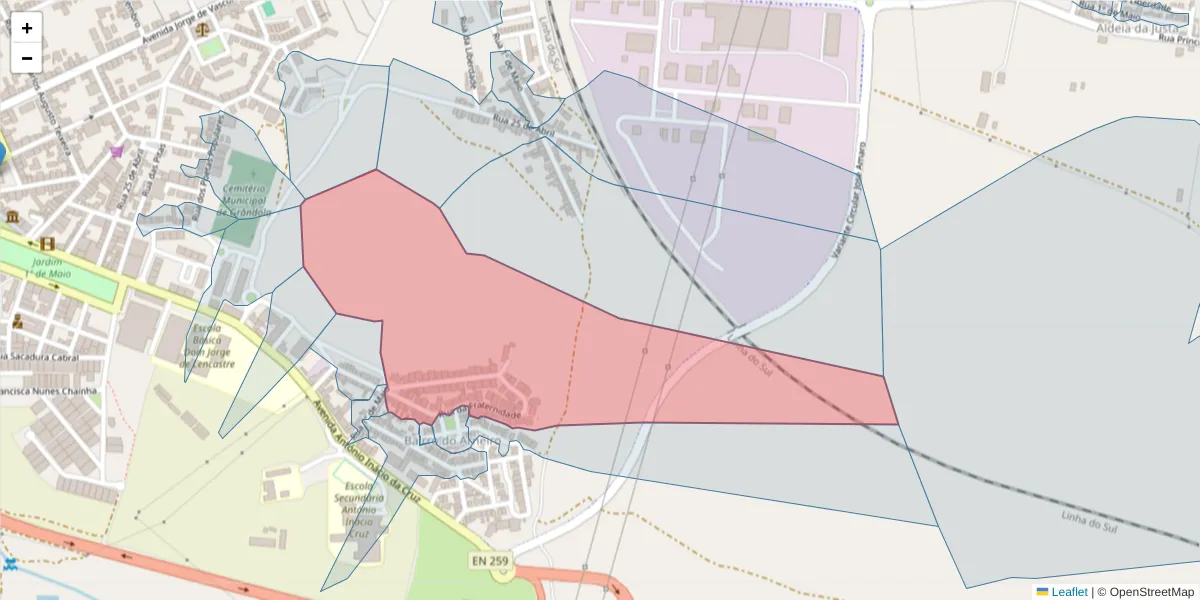 Mapa detalhado do código postal 7570-208 com limites, códigos postais vizinhos e agências dos correios