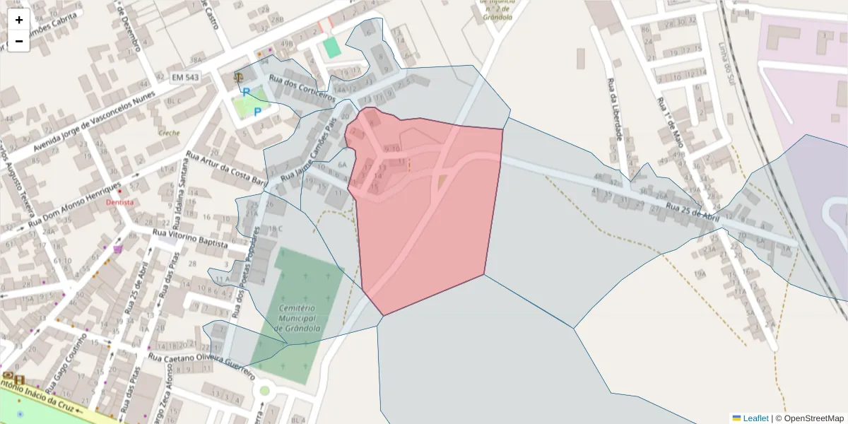 Mapa detalhado do código postal 7570-210 com limites, códigos postais vizinhos e agências dos correios