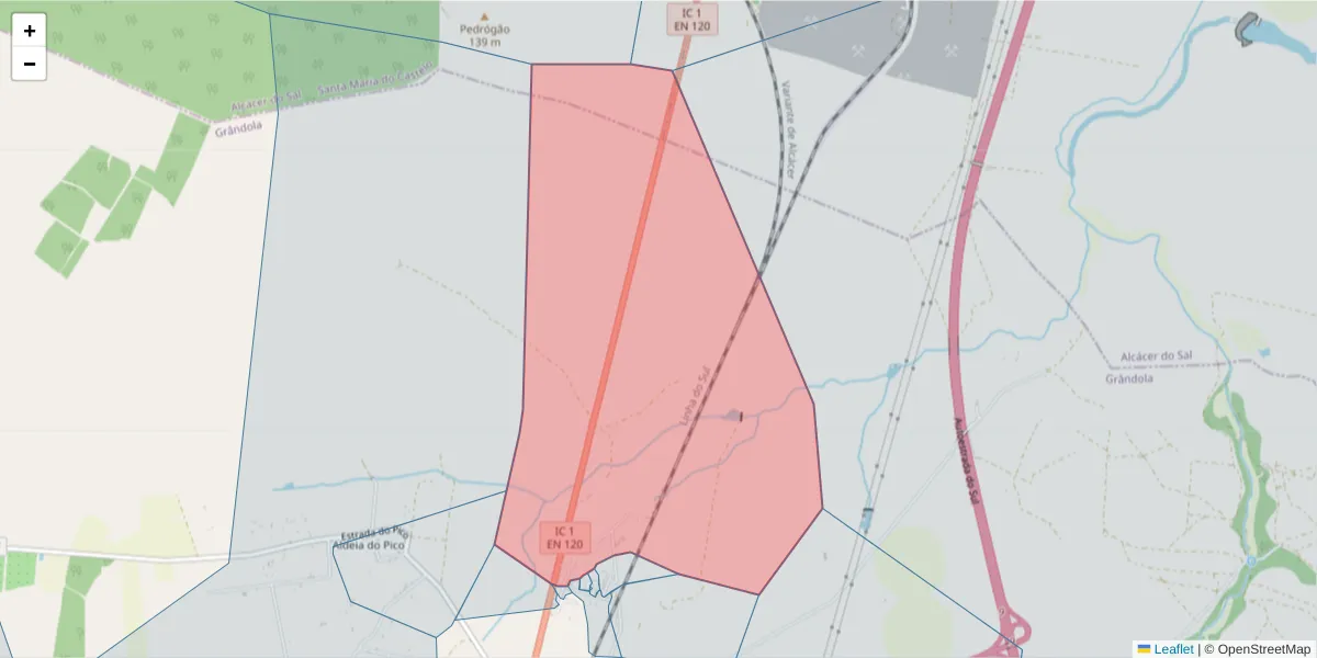 Mapa detalhado do código postal 7570-215 com limites, códigos postais vizinhos e agências dos correios