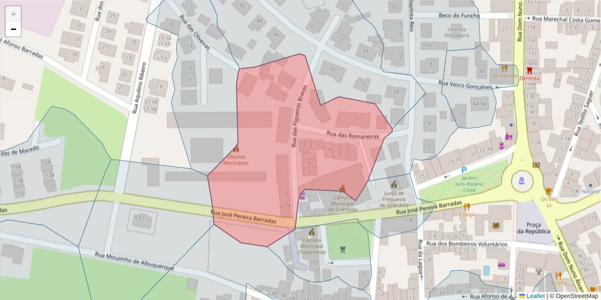 Mapa detalhado do código postal 7570-222 com limites, códigos postais vizinhos e agências dos correios