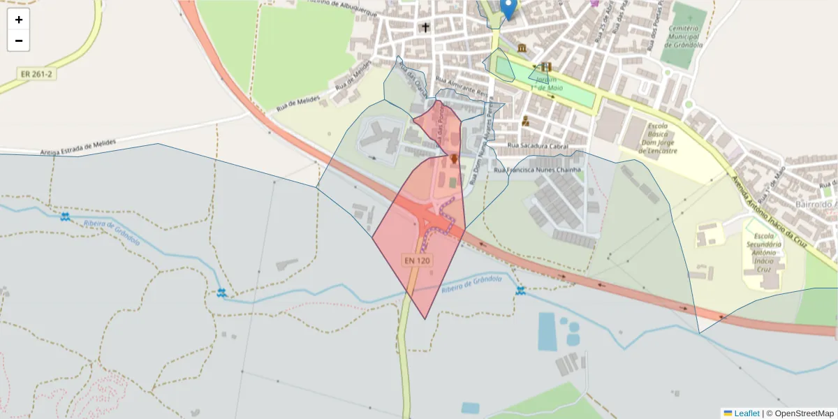 Mapa detalhado do código postal 7570-227 com limites, códigos postais vizinhos e agências dos correios