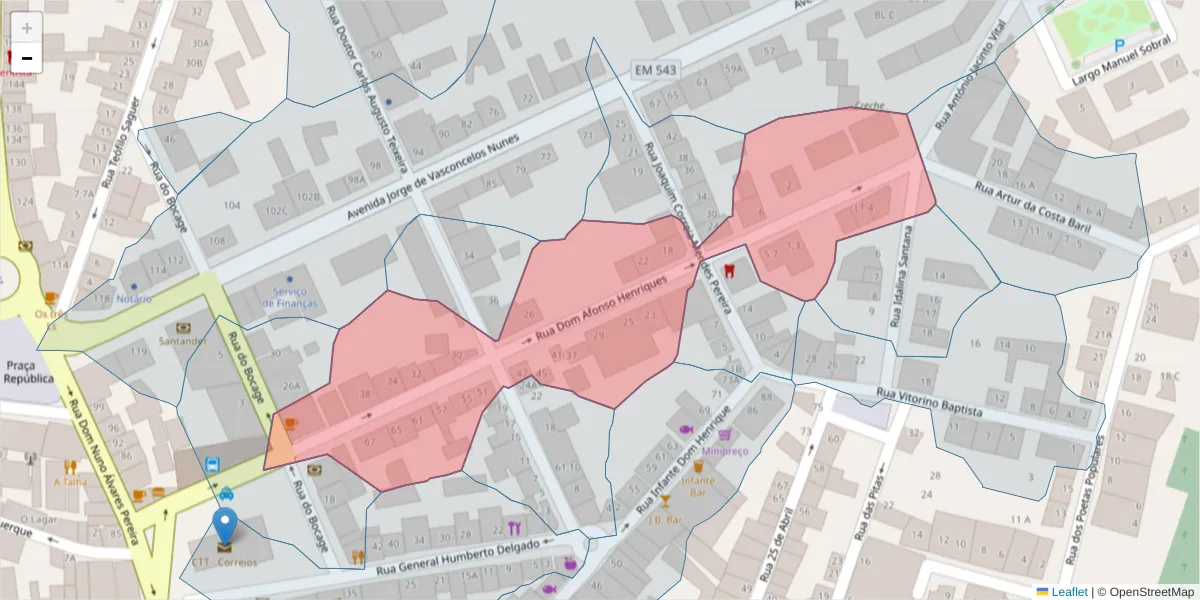 Mapa detalhado do código postal 7570-236 com limites, códigos postais vizinhos e agências dos correios