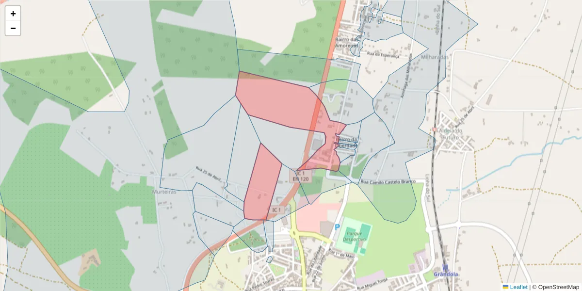 Mapa detalhado do código postal 7570-245 com limites, códigos postais vizinhos e agências dos correios