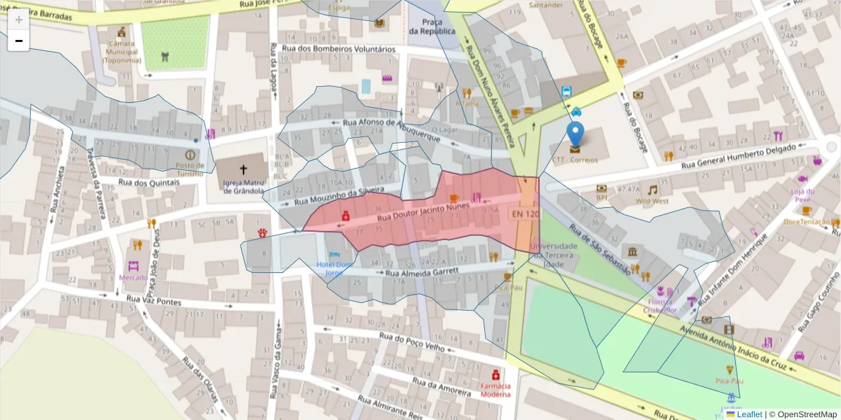 Mapa detalhado do código postal 7570-253 com limites, códigos postais vizinhos e agências dos correios