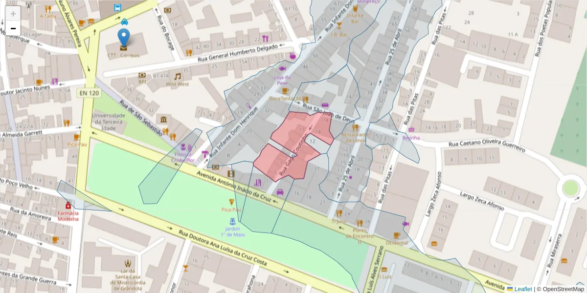 Mapa detalhado do código postal 7570-262 com limites, códigos postais vizinhos e agências dos correios