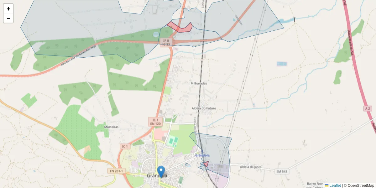 Mapa detalhado do código postal 7570-265 com limites, códigos postais vizinhos e agências dos correios