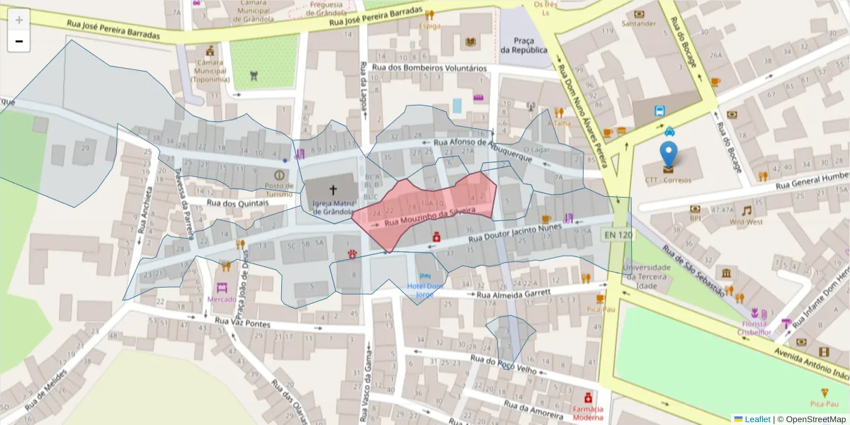 Mapa detalhado do código postal 7570-293 com limites, códigos postais vizinhos e agências dos correios