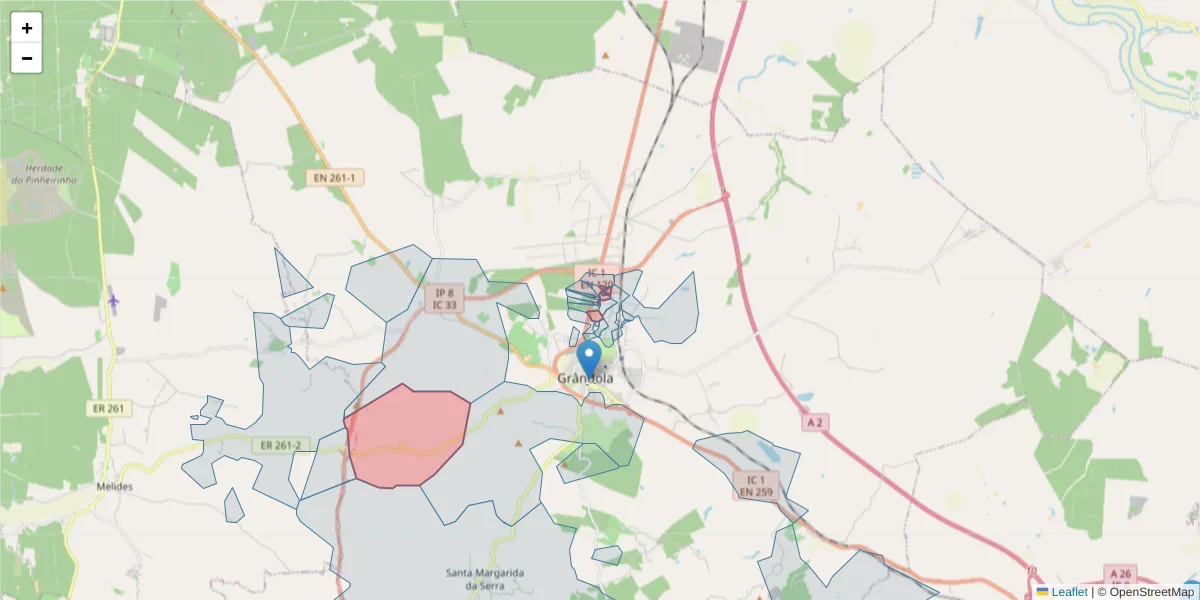 Mapa detalhado do código postal 7570-301 com limites, códigos postais vizinhos e agências dos correios