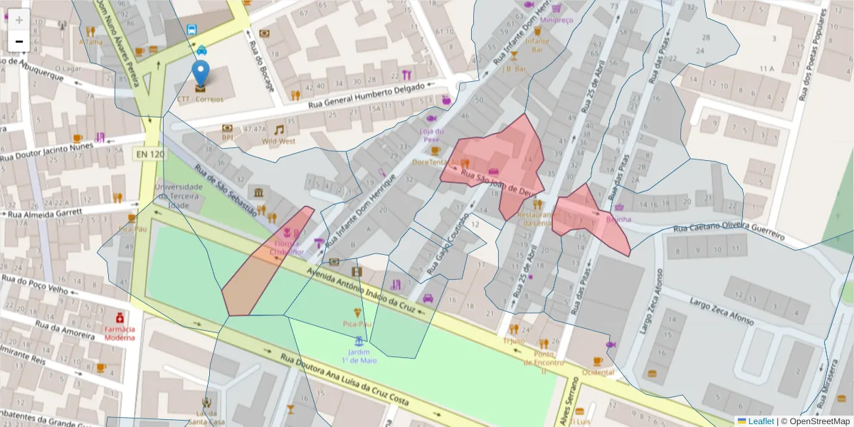 Mapa detalhado do código postal 7570-308 com limites, códigos postais vizinhos e agências dos correios
