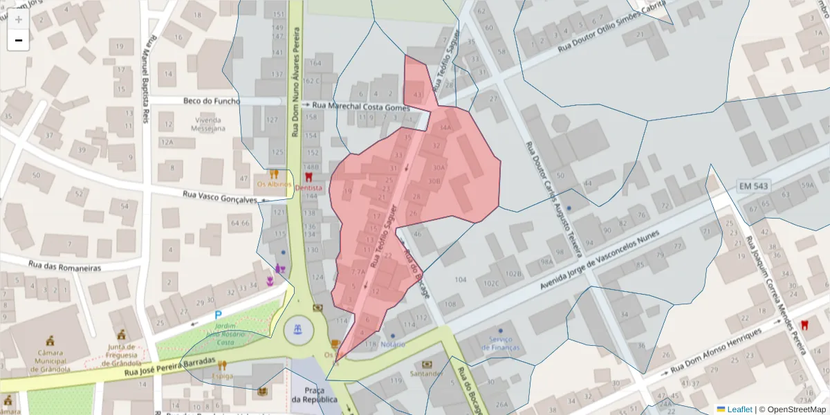 Mapa detalhado do código postal 7570-311 com limites, códigos postais vizinhos e agências dos correios