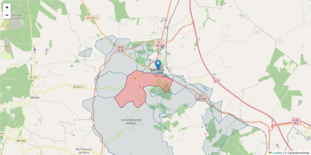 Mapa detalhado do código postal 7570-347 com limites, códigos postais vizinhos e agências dos correios