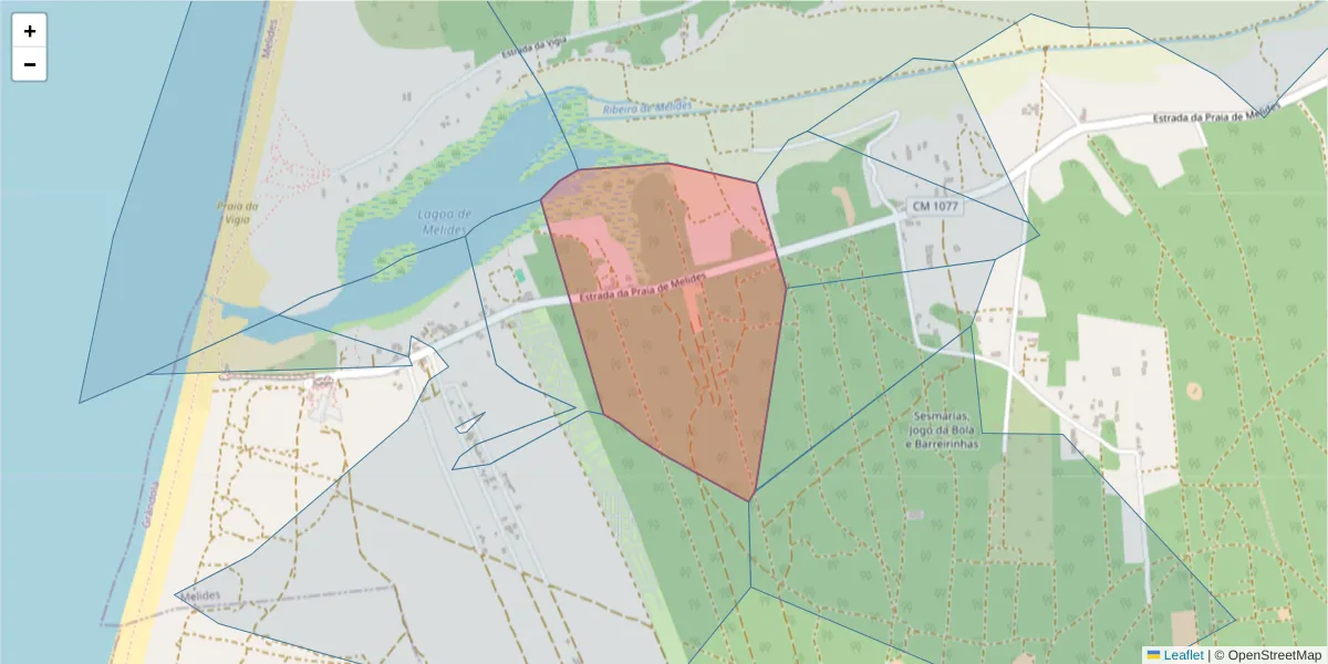 Mapa detalhado do código postal 7570-414 com limites, códigos postais vizinhos e agências dos correios