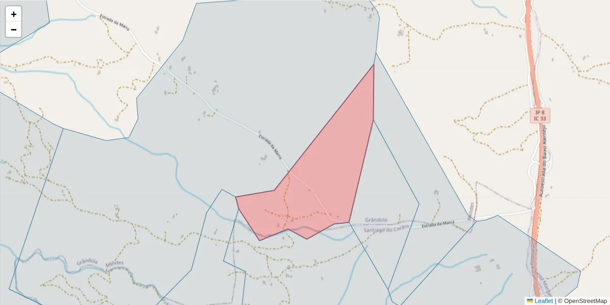 Mapa detalhado do código postal 7570-440 com limites, códigos postais vizinhos e agências dos correios
