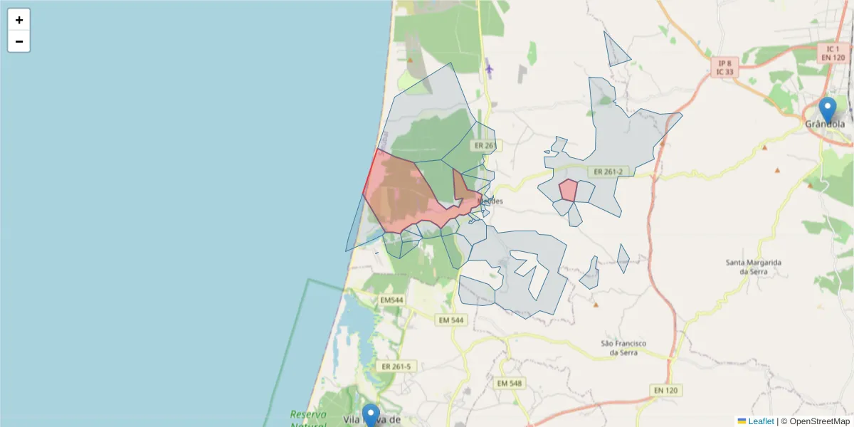 Mapa detalhado do código postal 7570-470 com limites, códigos postais vizinhos e agências dos correios