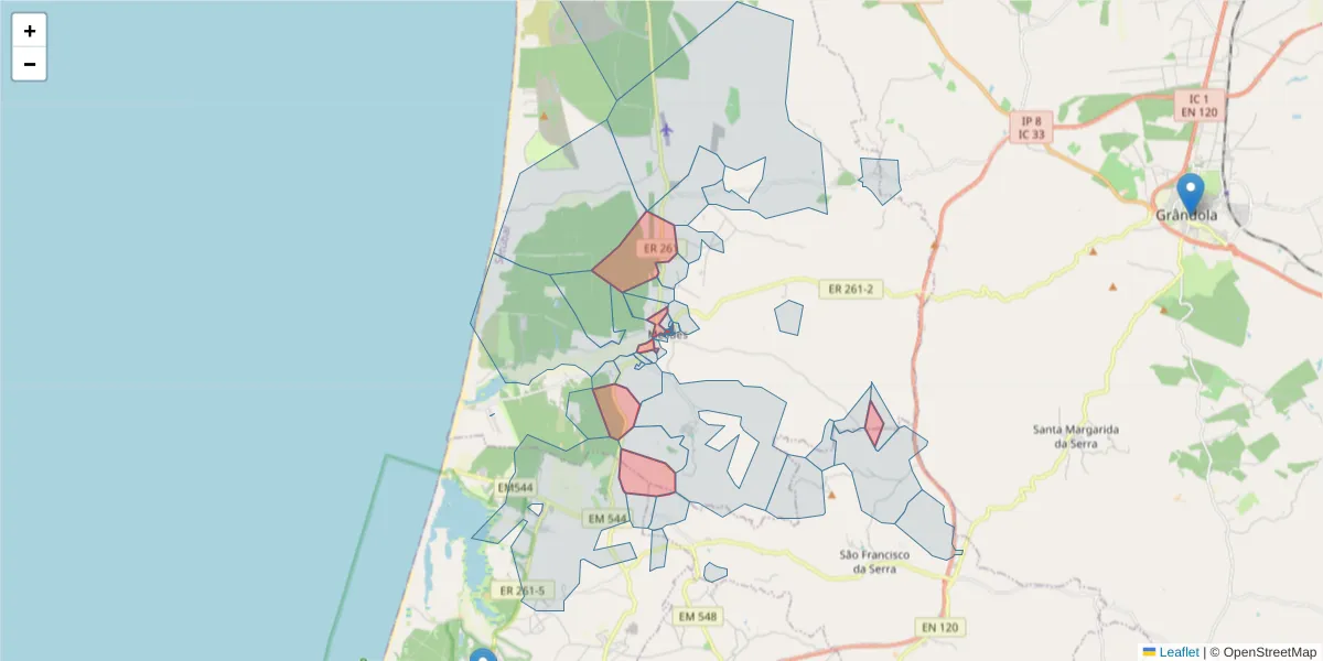 Mapa detalhado do código postal 7570-610 com limites, códigos postais vizinhos e agências dos correios