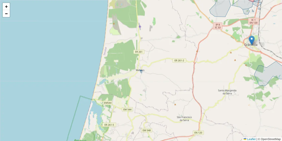 Mapa detalhado do código postal 7570-629 com limites, códigos postais vizinhos e agências dos correios