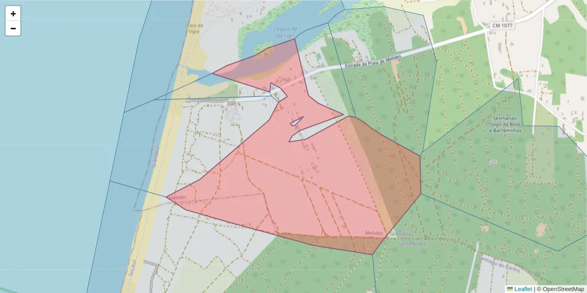 Mapa detalhado do código postal 7570-740 com limites, códigos postais vizinhos e agências dos correios
