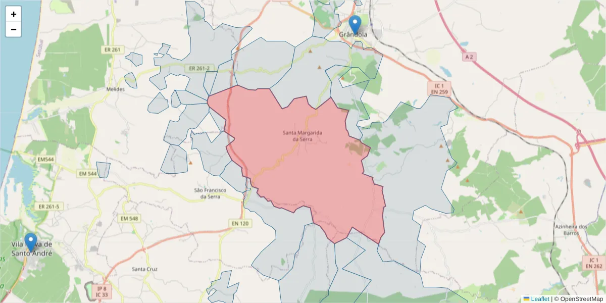 Mapa detalhado do código postal 7570-777 com limites, códigos postais vizinhos e agências dos correios