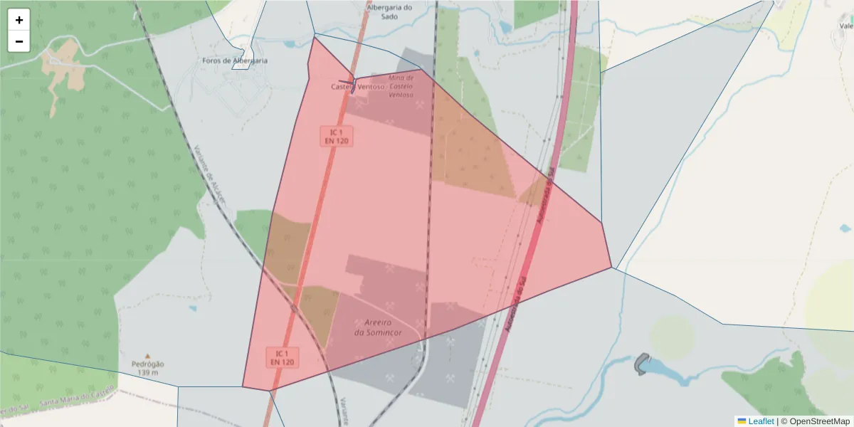 Mapa detalhado do código postal 7580-001 com limites, códigos postais vizinhos e agências dos correios