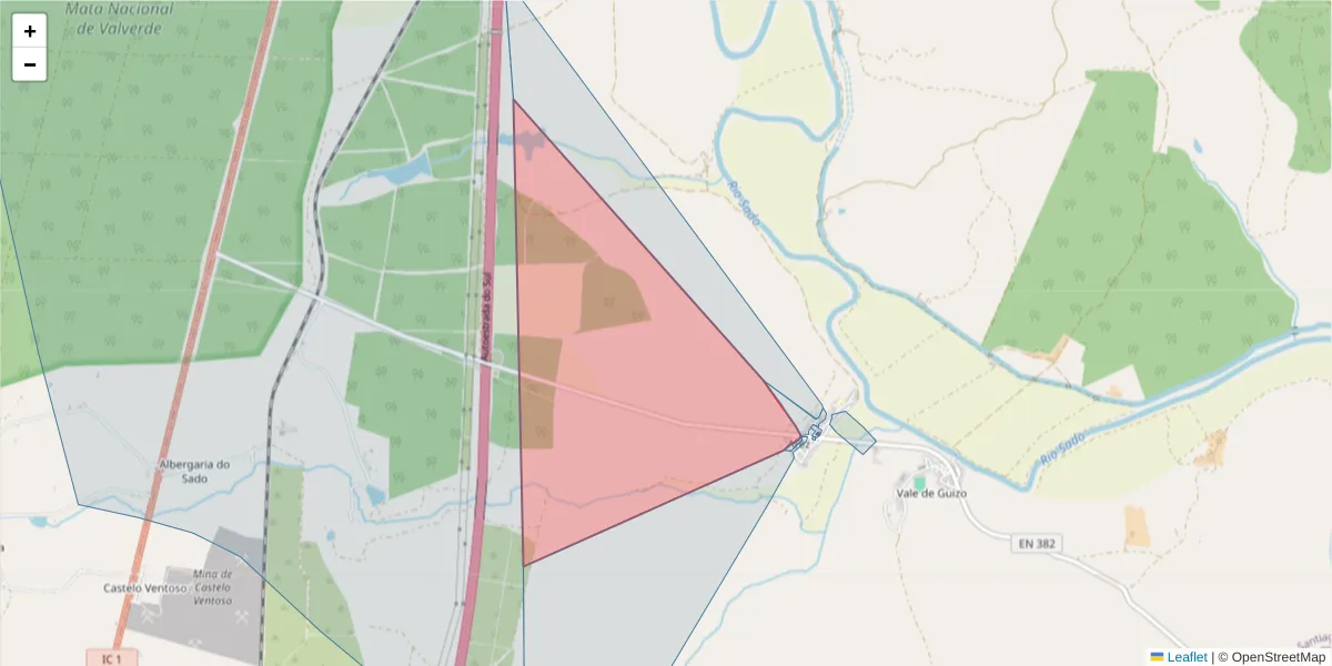 Mapa detalhado do código postal 7580-015 com limites, códigos postais vizinhos e agências dos correios