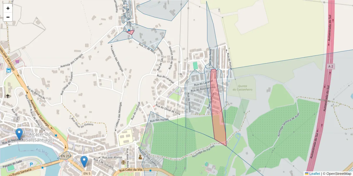 Mapa detalhado do código postal 7580-036 com limites, códigos postais vizinhos e agências dos correios