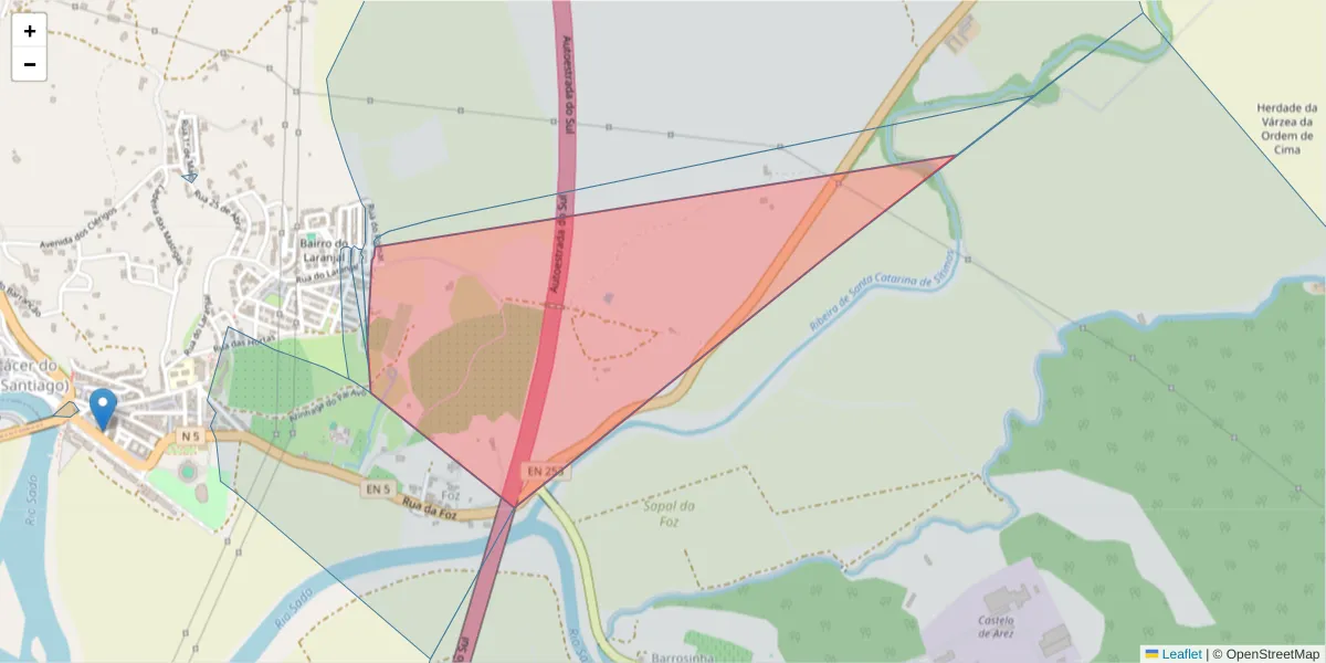 Mapa detalhado do código postal 7580-053 com limites, códigos postais vizinhos e agências dos correios