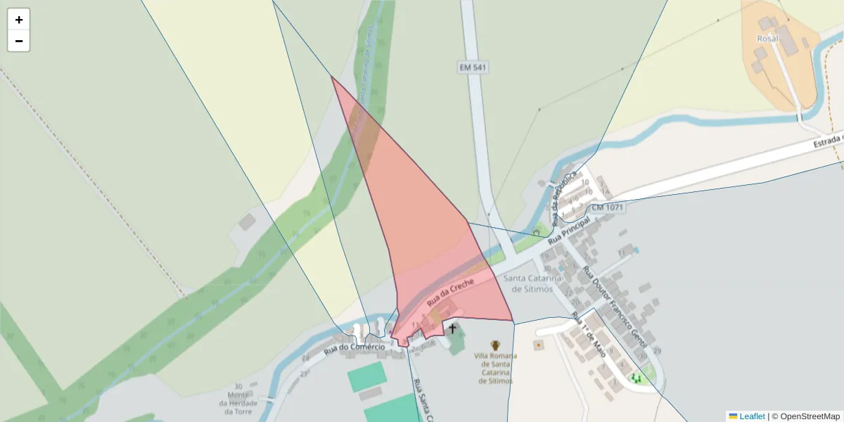 Mapa detalhado do código postal 7580-073 com limites, códigos postais vizinhos e agências dos correios