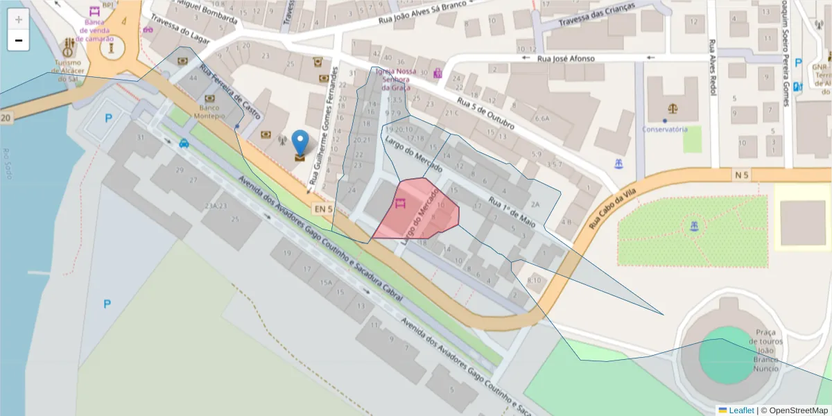 Mapa detalhado do código postal 7580-195 com limites, códigos postais vizinhos e agências dos correios