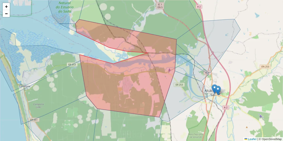 Mapa detalhado do código postal 7580-321 com limites, códigos postais vizinhos e agências dos correios