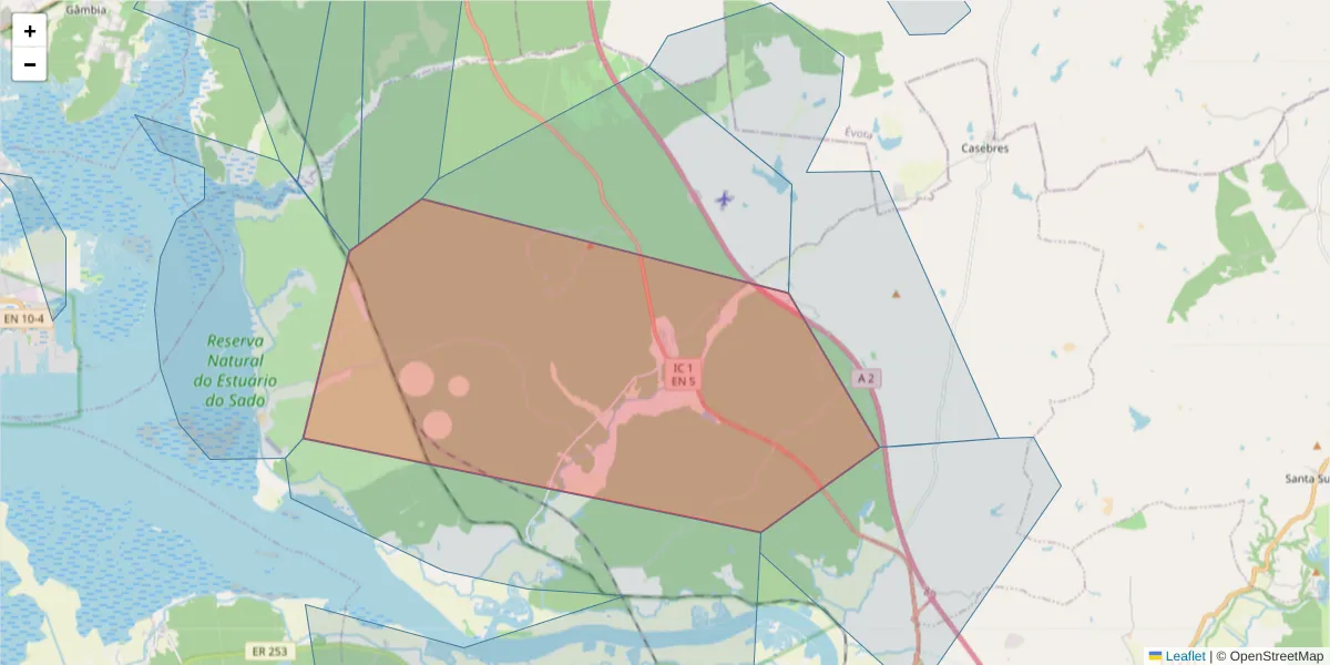 Mapa detalhado do código postal 7580-325 com limites, códigos postais vizinhos e agências dos correios