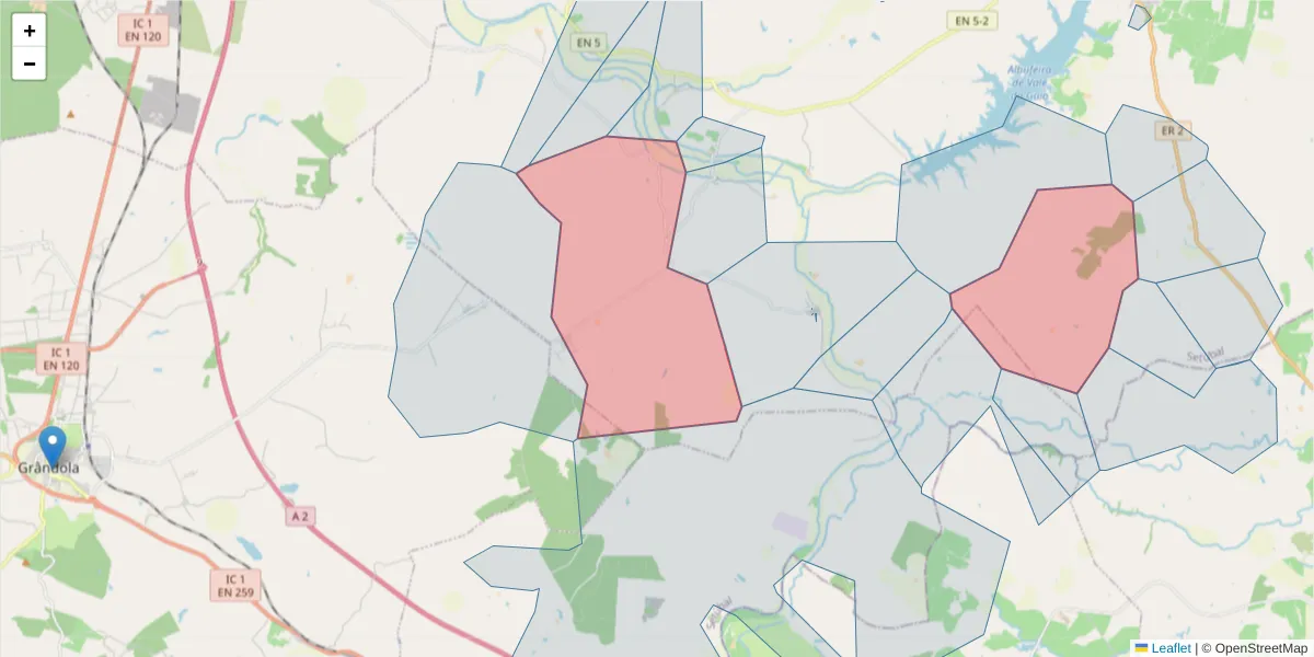 Mapa detalhado do código postal 7595-011 com limites, códigos postais vizinhos e agências dos correios