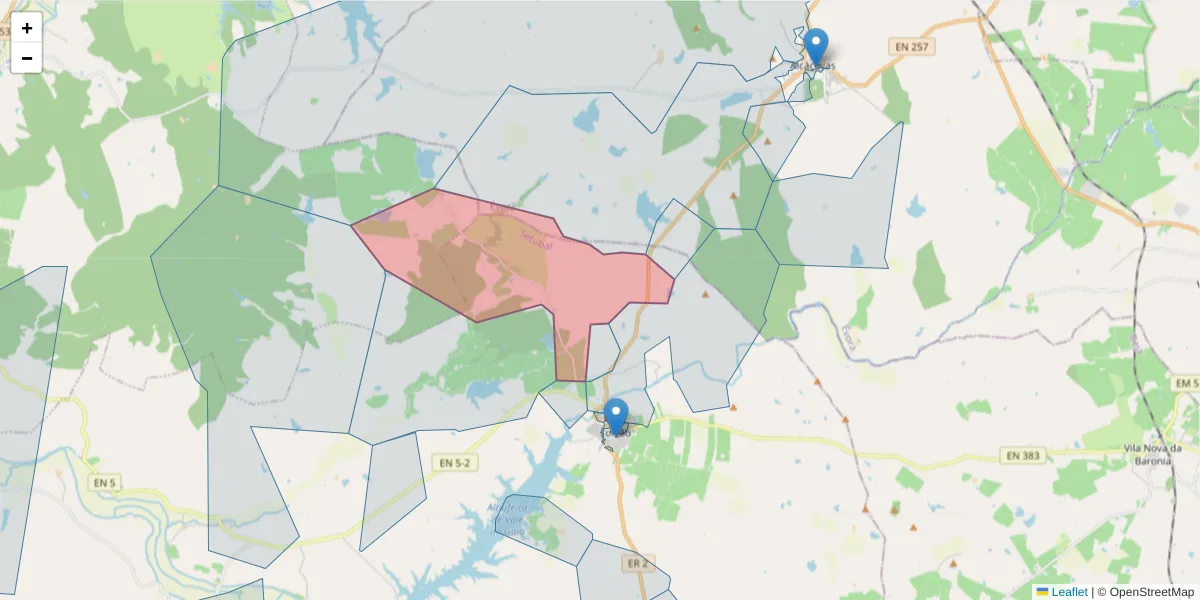 Mapa detalhado do código postal 7595-018 com limites, códigos postais vizinhos e agências dos correios