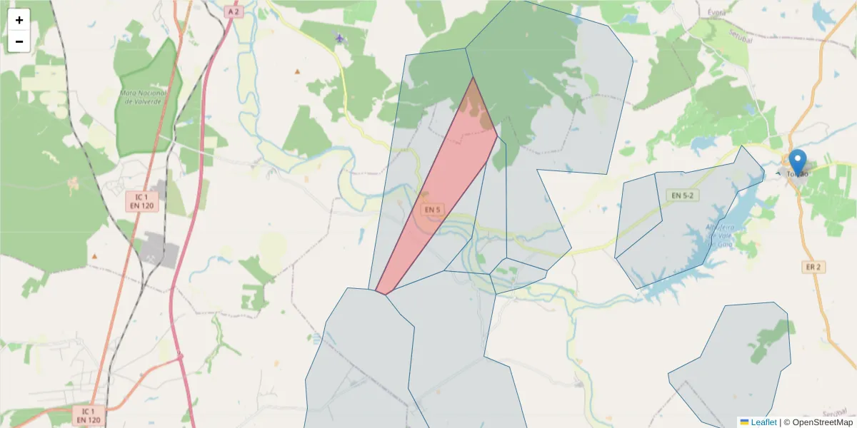 Mapa detalhado do código postal 7595-020 com limites, códigos postais vizinhos e agências dos correios