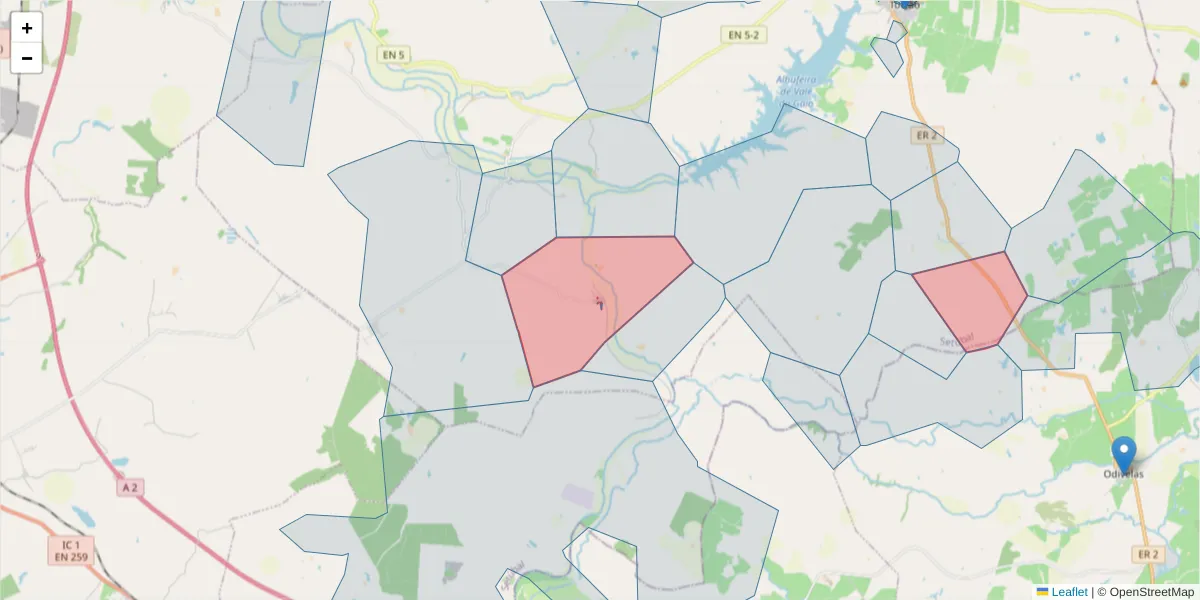 Mapa detalhado do código postal 7595-036 com limites, códigos postais vizinhos e agências dos correios