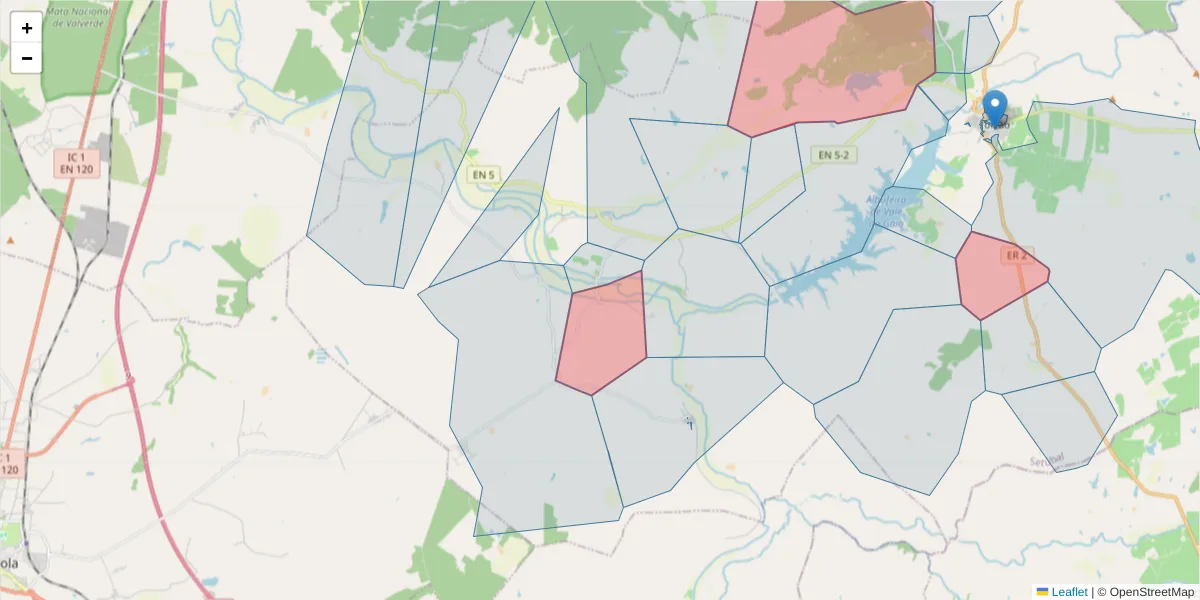 Mapa detalhado do código postal 7595-040 com limites, códigos postais vizinhos e agências dos correios