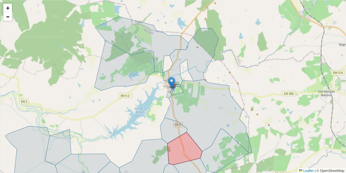 Mapa detalhado do código postal 7595-045 com limites, códigos postais vizinhos e agências dos correios