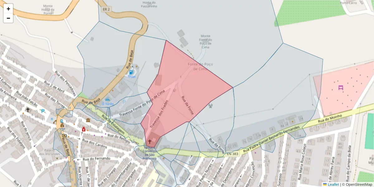 Mapa detalhado do código postal 7595-047 com limites, códigos postais vizinhos e agências dos correios