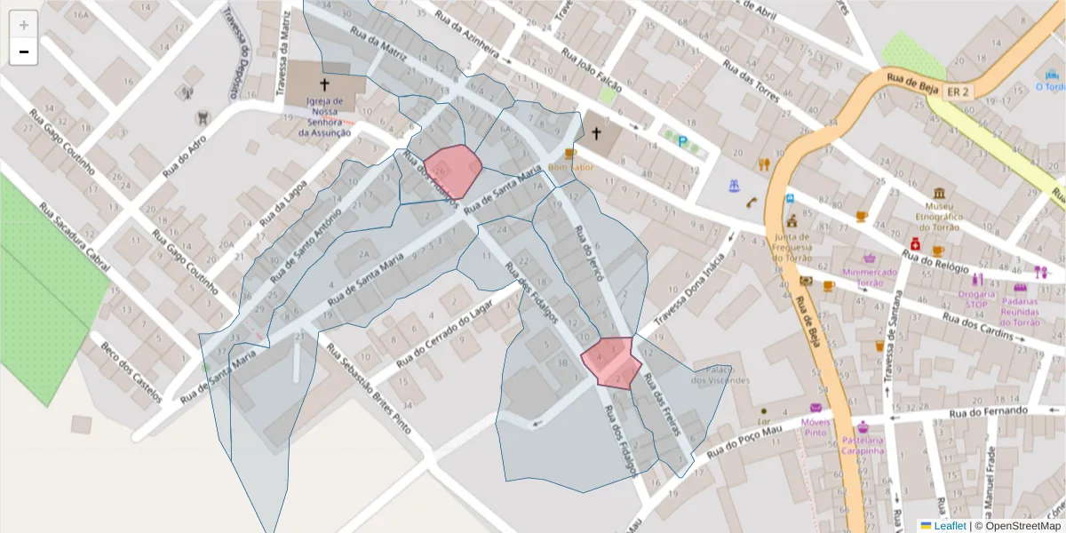 Mapa detalhado do código postal 7595-055 com limites, códigos postais vizinhos e agências dos correios