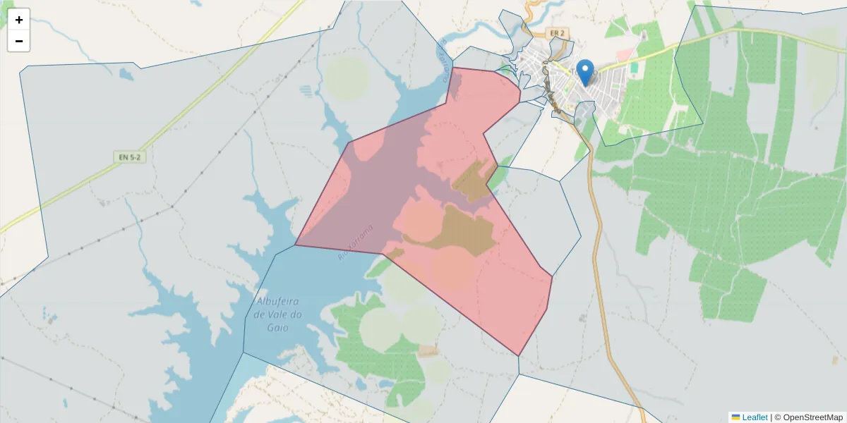 Mapa detalhado do código postal 7595-104 com limites, códigos postais vizinhos e agências dos correios