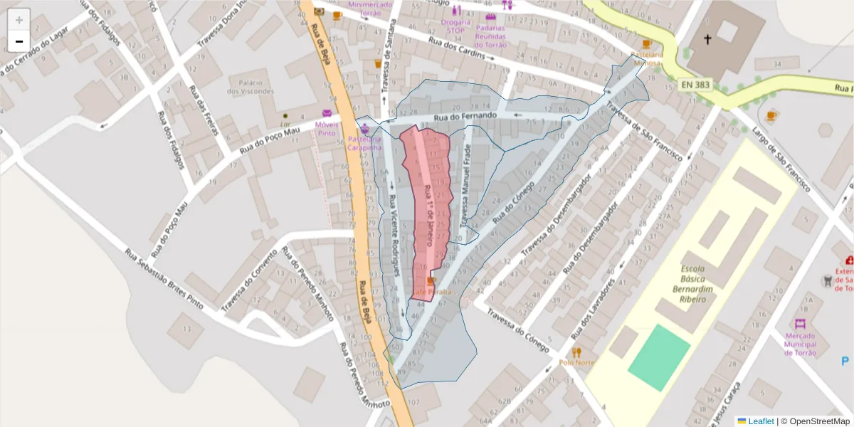 Mapa detalhado do código postal 7595-106 com limites, códigos postais vizinhos e agências dos correios
