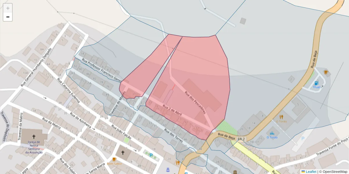 Mapa detalhado do código postal 7595-108 com limites, códigos postais vizinhos e agências dos correios