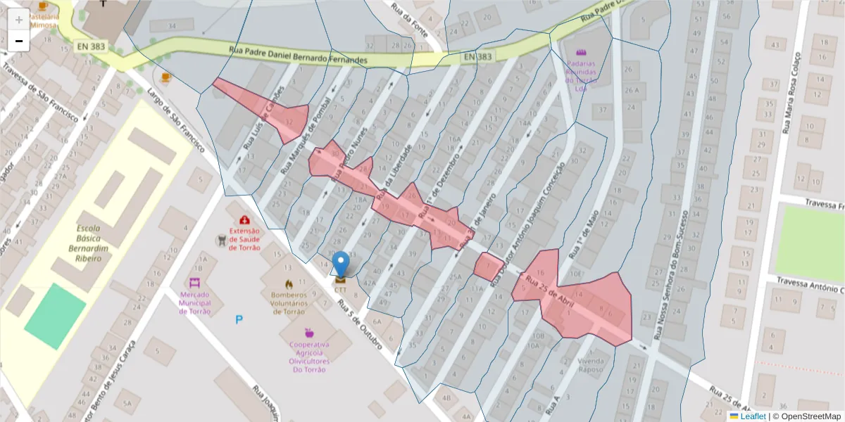 Mapa detalhado do código postal 7595-109 com limites, códigos postais vizinhos e agências dos correios