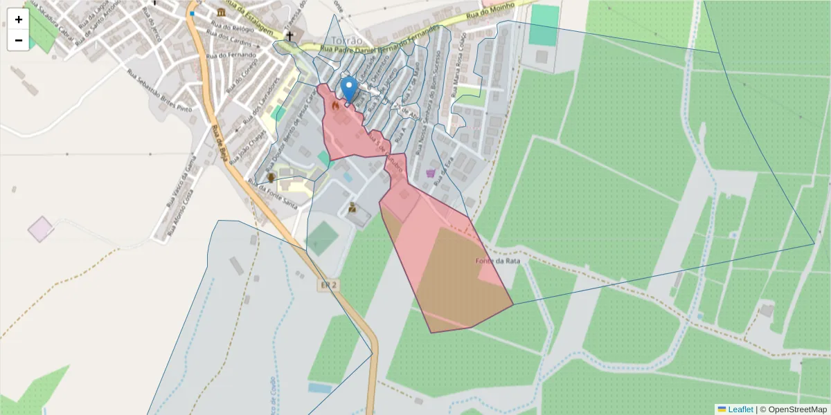 Mapa detalhado do código postal 7595-111 com limites, códigos postais vizinhos e agências dos correios