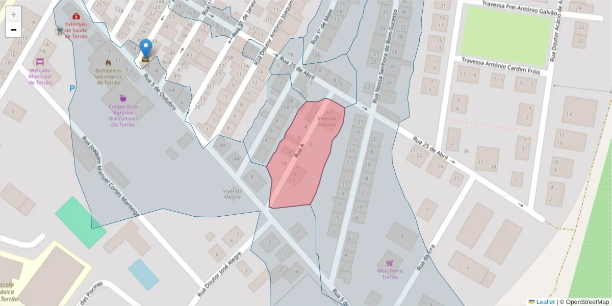 Mapa detalhado do código postal 7595-112 com limites, códigos postais vizinhos e agências dos correios