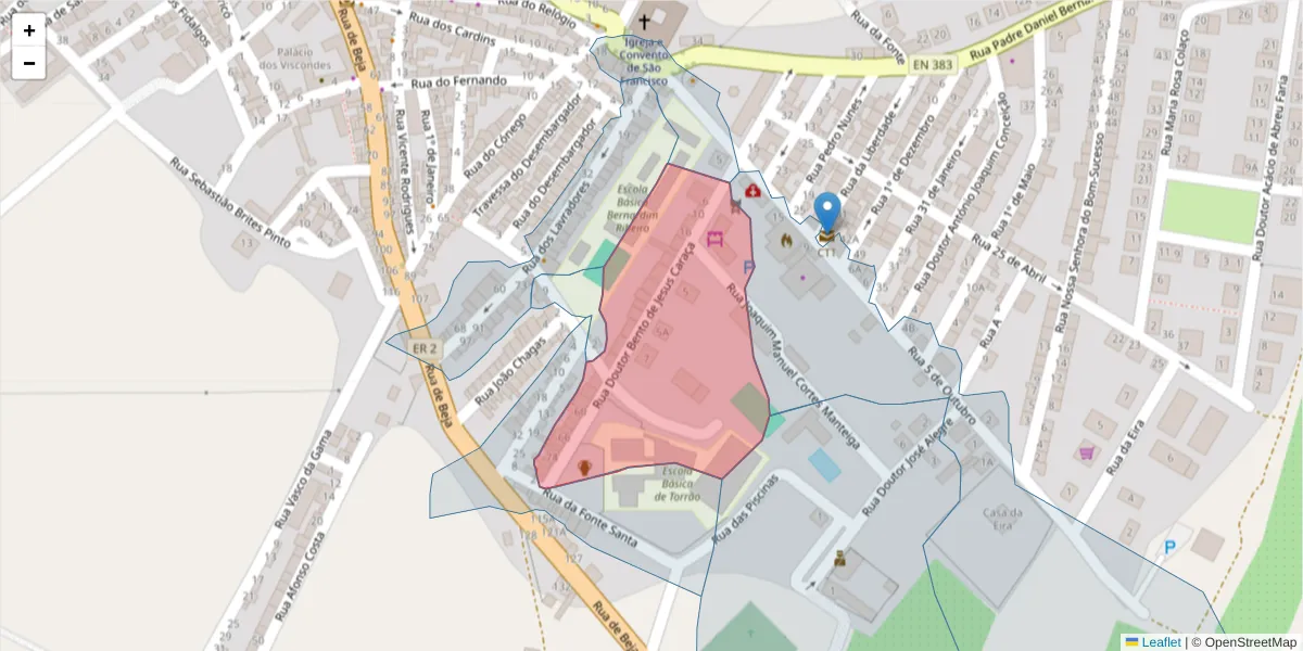 Mapa detalhado do código postal 7595-113 com limites, códigos postais vizinhos e agências dos correios