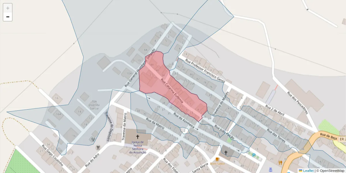 Mapa detalhado do código postal 7595-114 com limites, códigos postais vizinhos e agências dos correios
