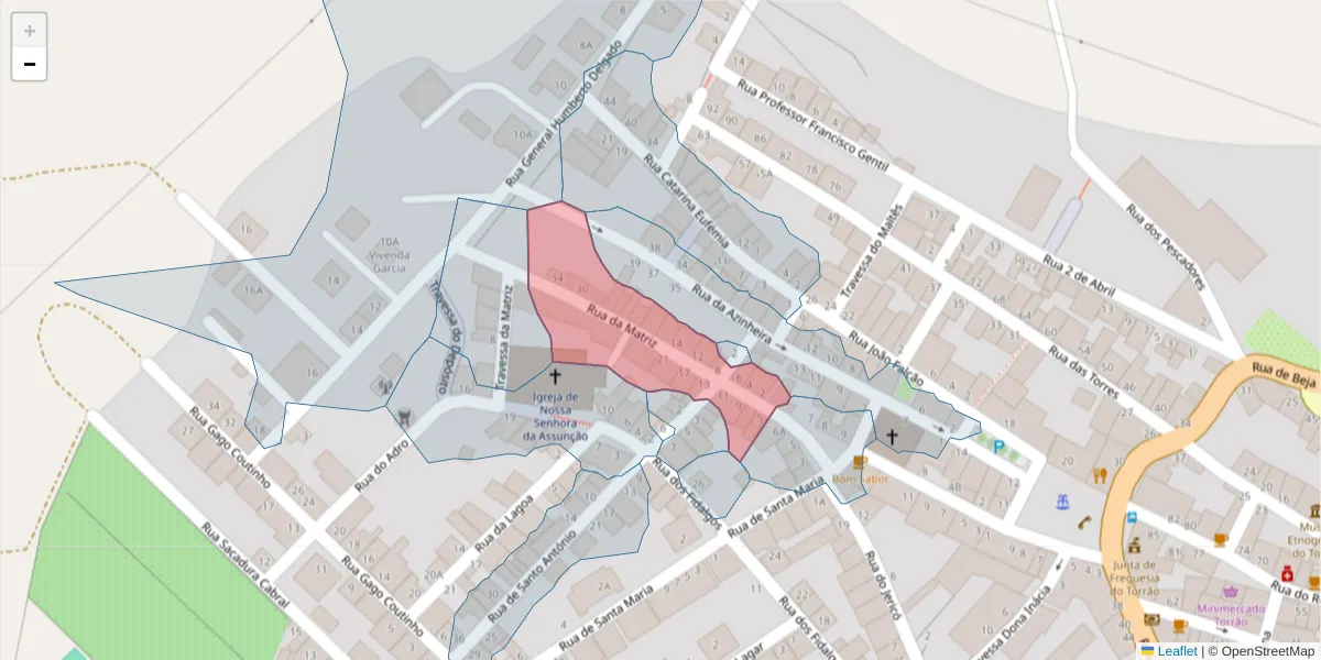 Mapa detalhado do código postal 7595-121 com limites, códigos postais vizinhos e agências dos correios