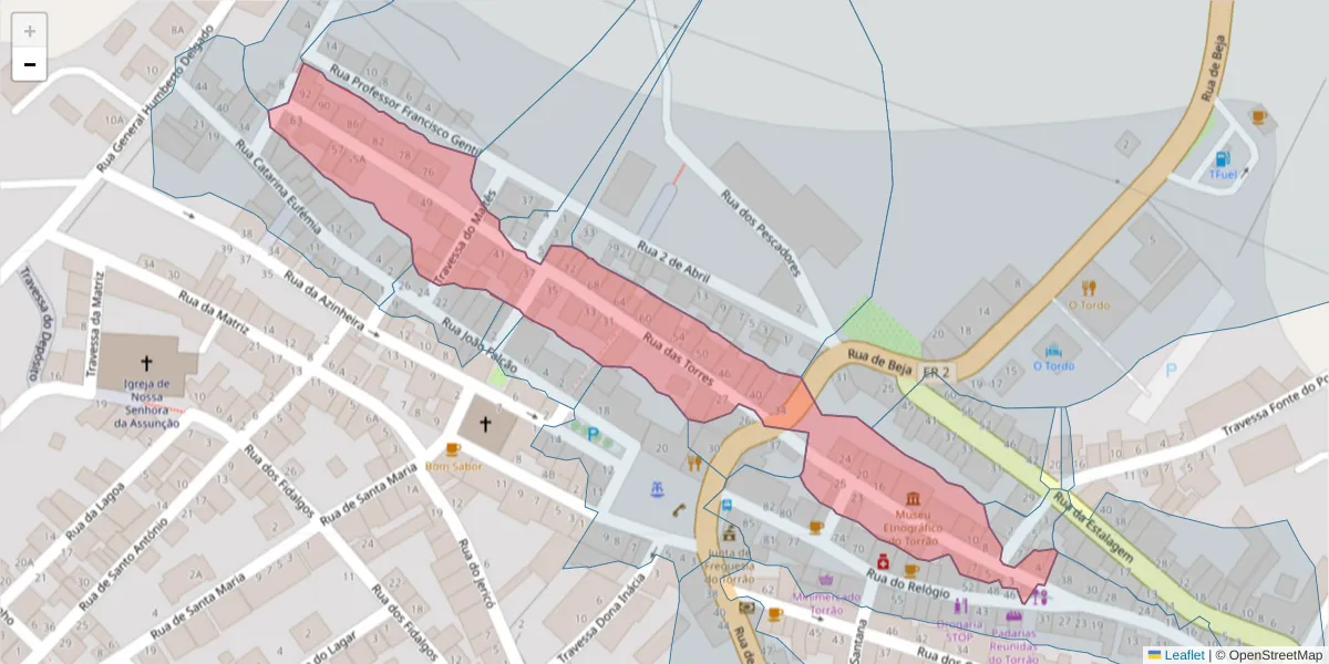 Mapa detalhado do código postal 7595-124 com limites, códigos postais vizinhos e agências dos correios