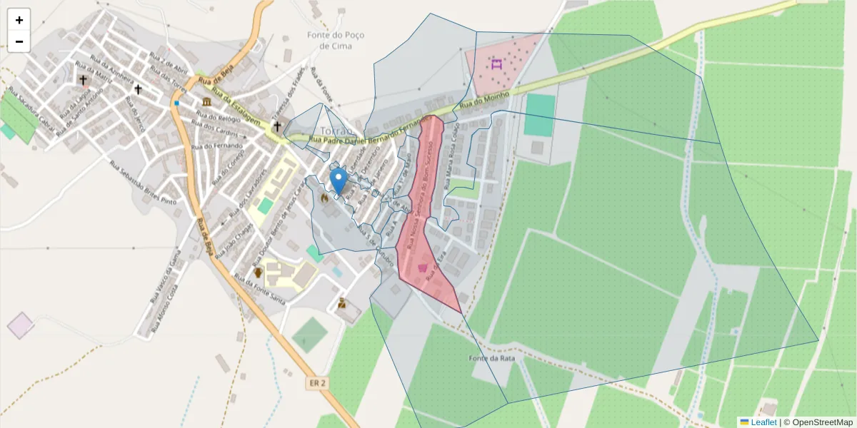 Mapa detalhado do código postal 7595-127 com limites, códigos postais vizinhos e agências dos correios