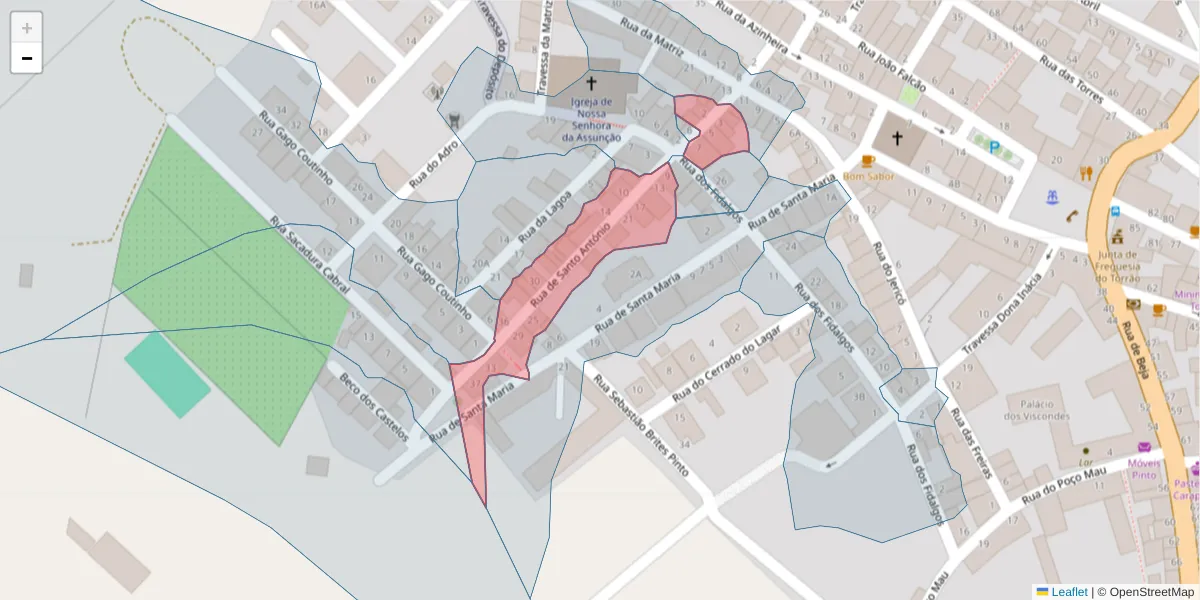 Mapa detalhado do código postal 7595-129 com limites, códigos postais vizinhos e agências dos correios